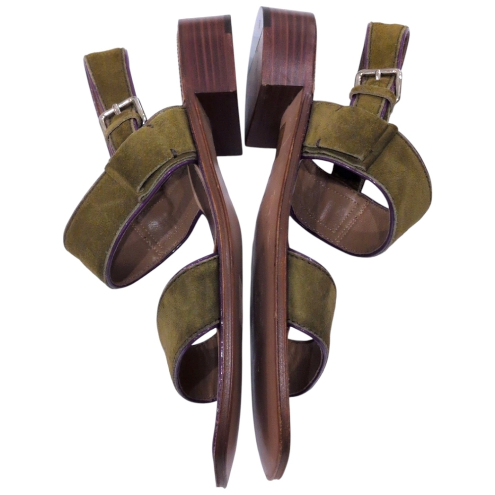 Prada Suede Slingback Buckle Sandals Stack Heels Size 39.5 Olive - Picture 3 of 8